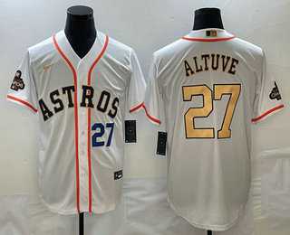 Men%27s Houston Astros #27 Jose Altuve Number 2023 White Gold World Serise Champions Patch Cool Base Stitched Jersey